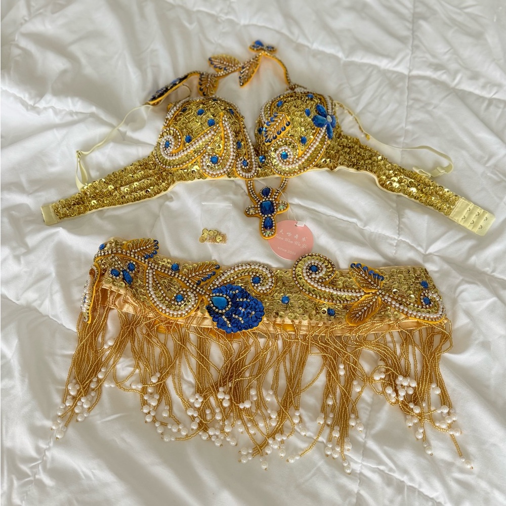Gold and Blue Beaded Dance Costume